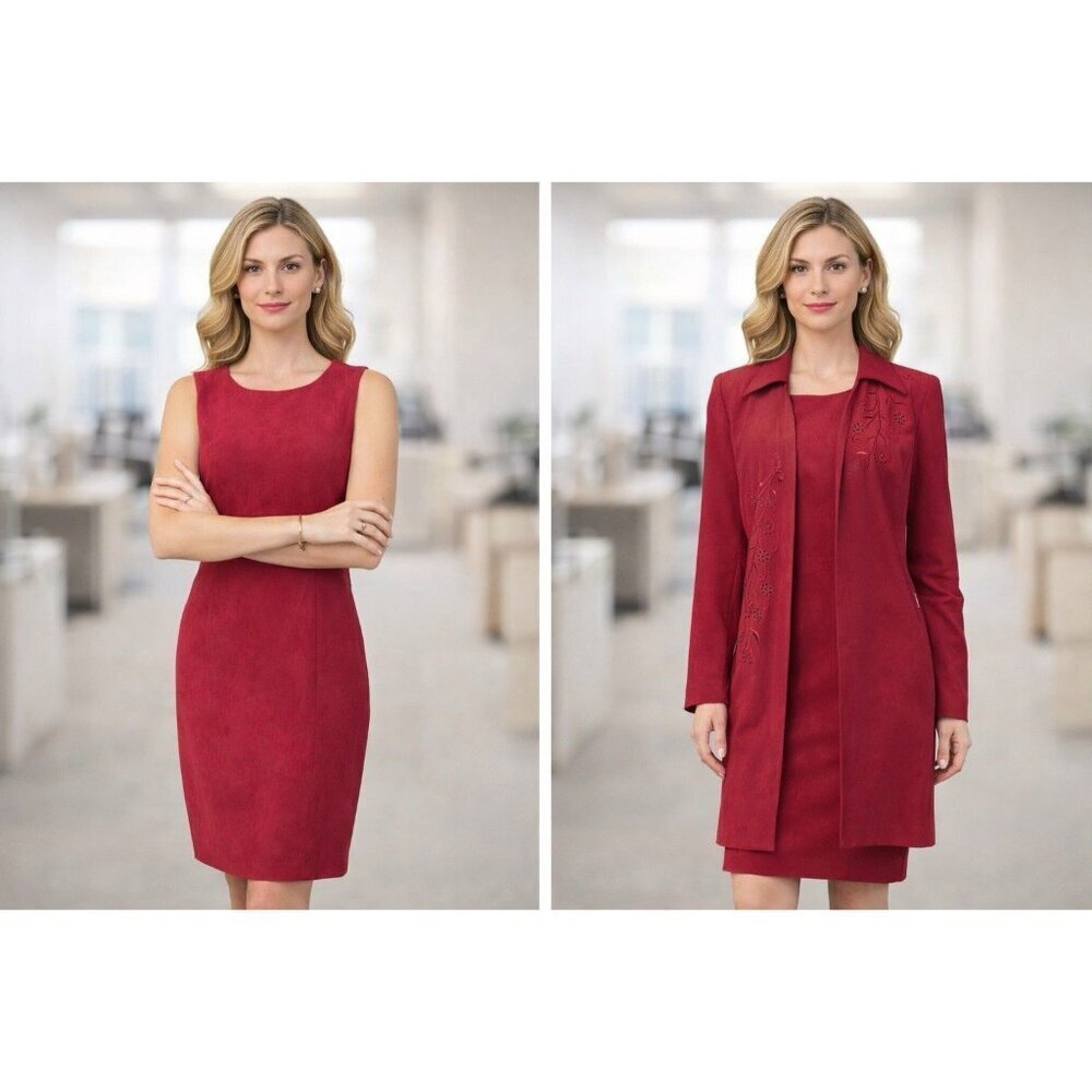 NWT STUDIO I Dress Jacket Set 8P Red Embroidered Career Professional Office